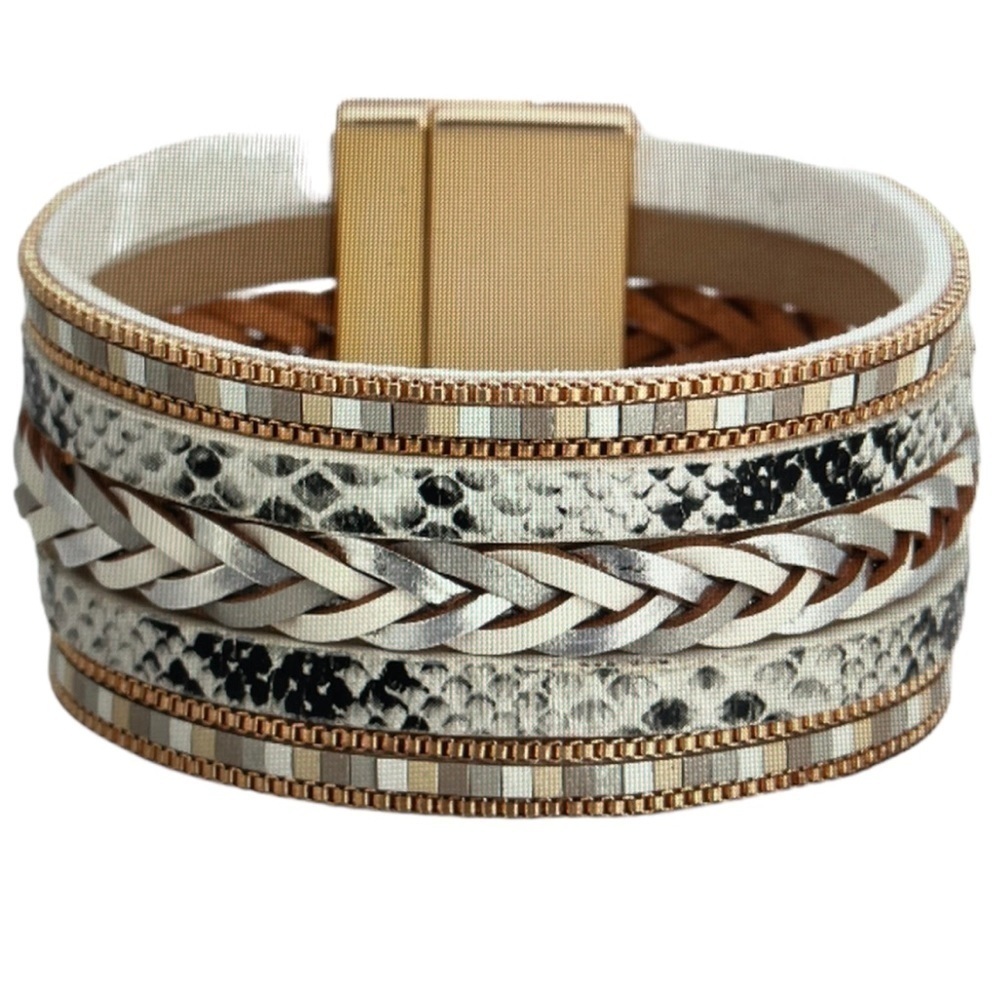 Boho Multi Layer Leather Braided Snake Pattern Magnetic Buckle Bracelet - Picture 3 of 4
